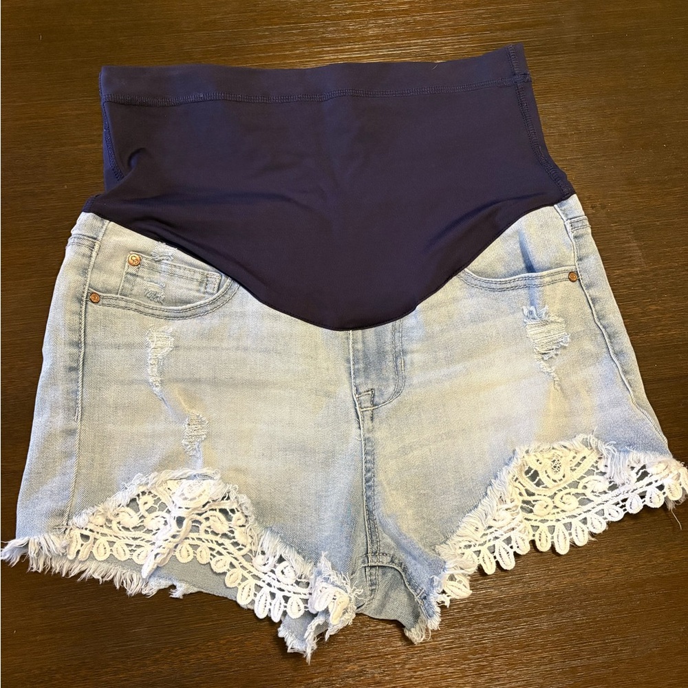 SOLD Pinkblush Maternity Light Blue Shorts with Lace Trim